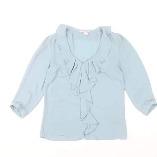 H&M Women Blue Ruffle V-Neck Blouse Size 6 Tunic 3/4 Sleeve Polyester