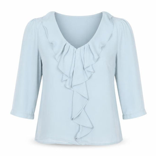 H&M Women Blue Ruffle V-Neck Blouse Size 6 Tunic 3/4 Sleeve Polyester