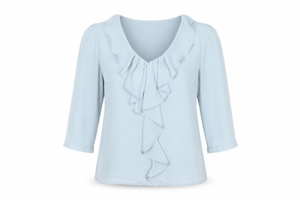 H&M Women Blue Ruffle V-Neck Blouse Size 6 Tunic 3/4 Sleeve Polyester