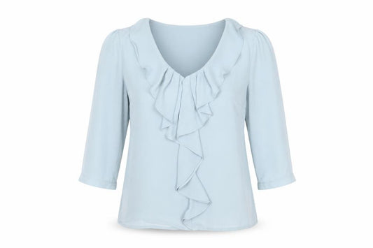 Front view of H&M Women Blue Ruffle V-Neck Blouse, size 6, Tunic 3/4 Sleeve Polyester