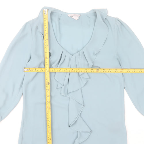 H&M Women Blue Ruffle V-Neck Blouse Size 6 Tunic 3/4 Sleeve Polyester