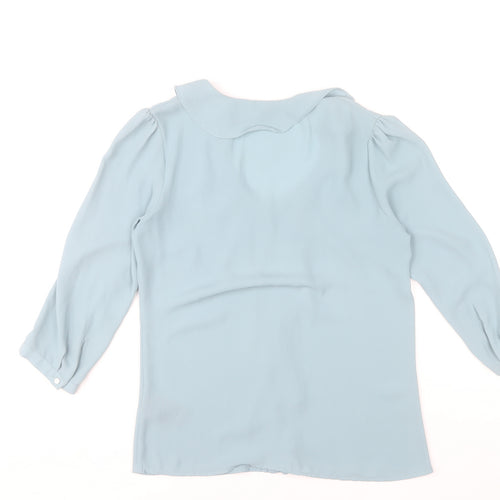 H&M Women Blue Ruffle V-Neck Blouse Size 6 Tunic 3/4 Sleeve Polyester