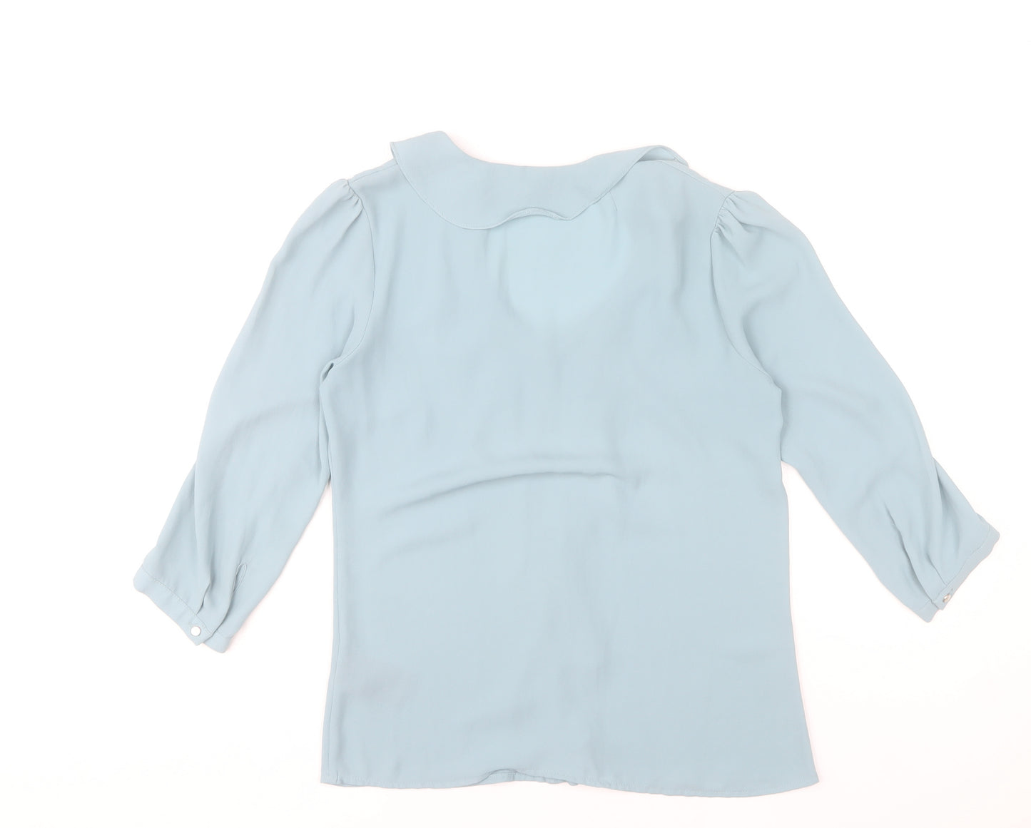 H&M Women Blue Ruffle V-Neck Blouse Size 6 Tunic 3/4 Sleeve Polyester