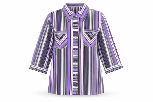 Front view of Domitex Women’s Purple Striped Button-Up Shirt, size UK 12, 3/4 Sleeve