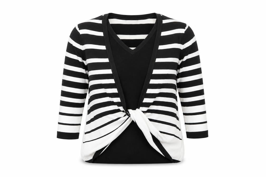 Front view of St. Bernard Women’s Black White Stripe Wrap Knit Blouse, size UK 16