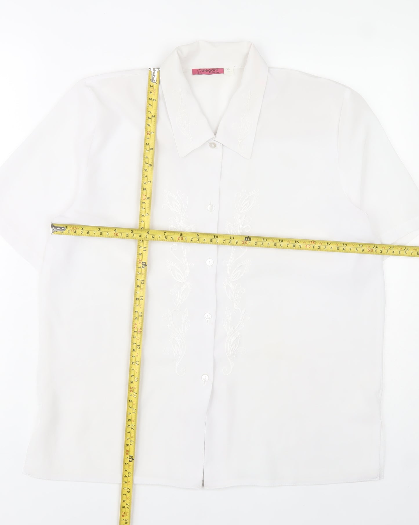 Elegant Collection Womens White Size 14 Button-Up Embroidered Shirt