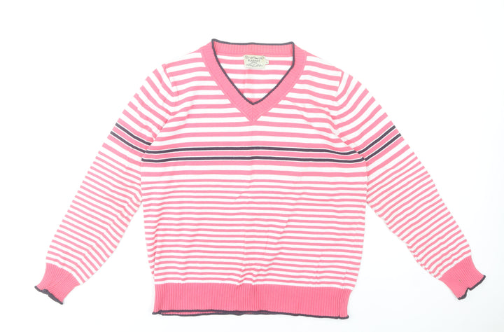 Blarney Womens Pink Striped Cotton V-Neck Jumper Size L