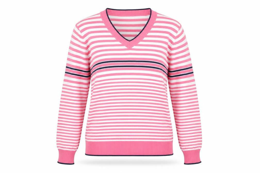 Front view of Blarney women’s pink striped cotton v-neck jumper, size L