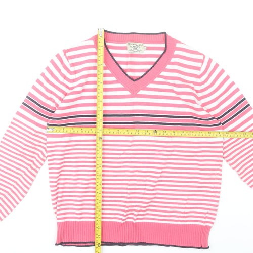 Blarney Womens Pink Striped Cotton V-Neck Jumper Size L
