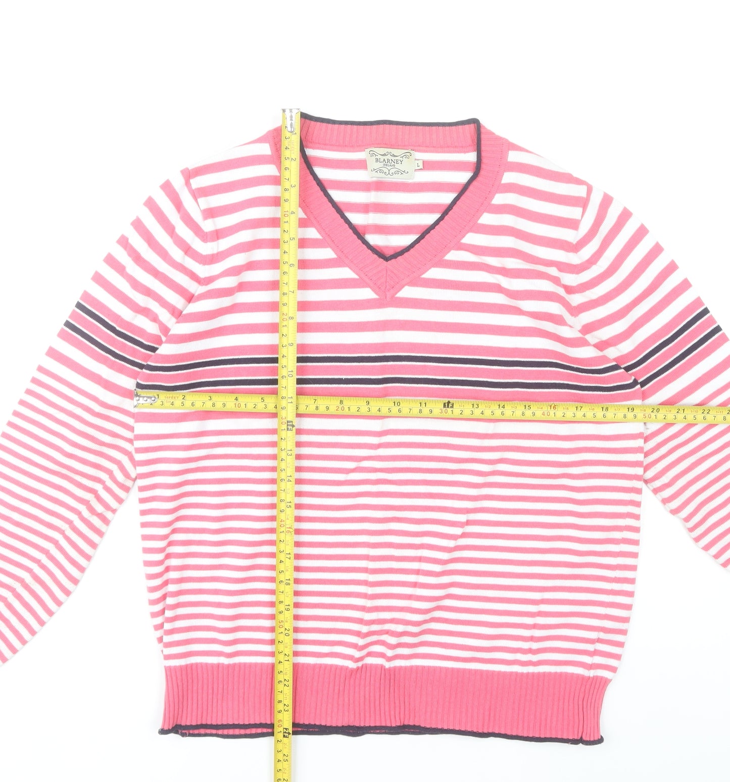 Blarney Womens Pink Striped Cotton V-Neck Jumper Size L