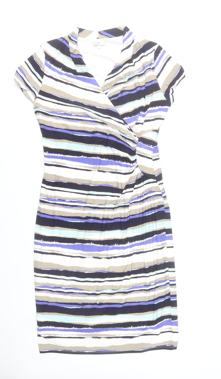 CC Women’s L Striped V-Neck Wrap Dress Short Sleeve Knee Length