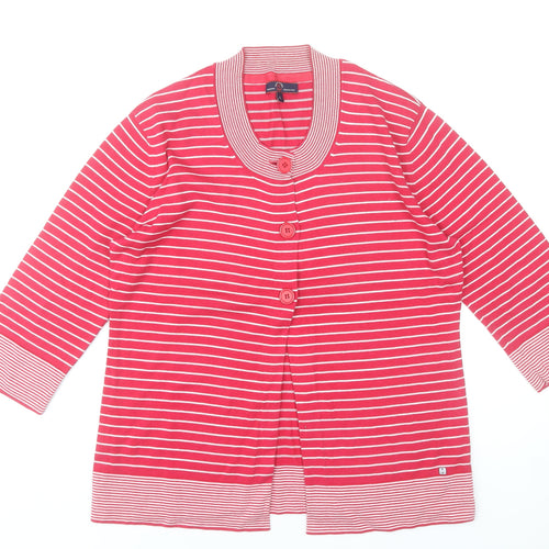 Paco Marine Women Red Striped Cotton Cardigan L V-Neck 3/4 Sleeve