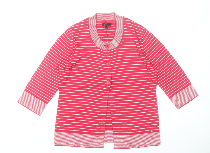Paco Marine Women Red Striped Cotton Cardigan L V-Neck 3/4 Sleeve