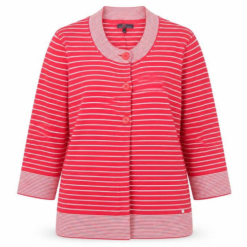 Paco Marine Women Red Striped Cotton Cardigan L V-Neck 3/4 Sleeve