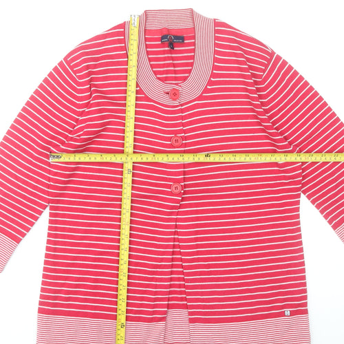 Paco Marine Women Red Striped Cotton Cardigan L V-Neck 3/4 Sleeve