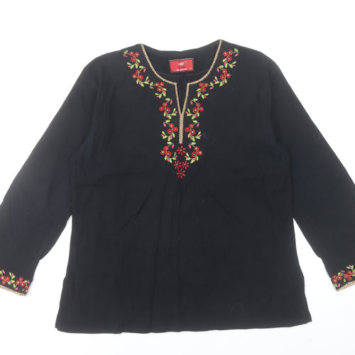 GHE Collection Women’s Black Tunic Blouse L Embroidered Floral Bohemian
