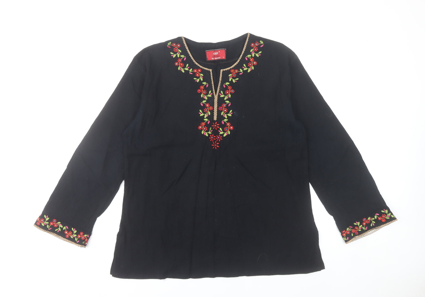 GHE Collection Women’s Black Tunic Blouse L Embroidered Floral Bohemian