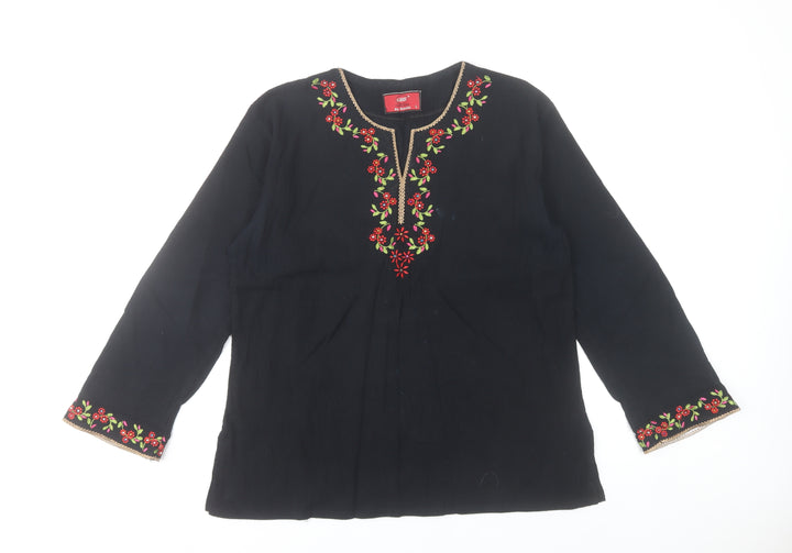 GHE Collection Women’s Black Tunic Blouse L Embroidered Floral Bohemian