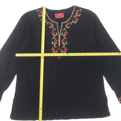 GHE Collection Women’s Black Tunic Blouse L Embroidered Floral Bohemian