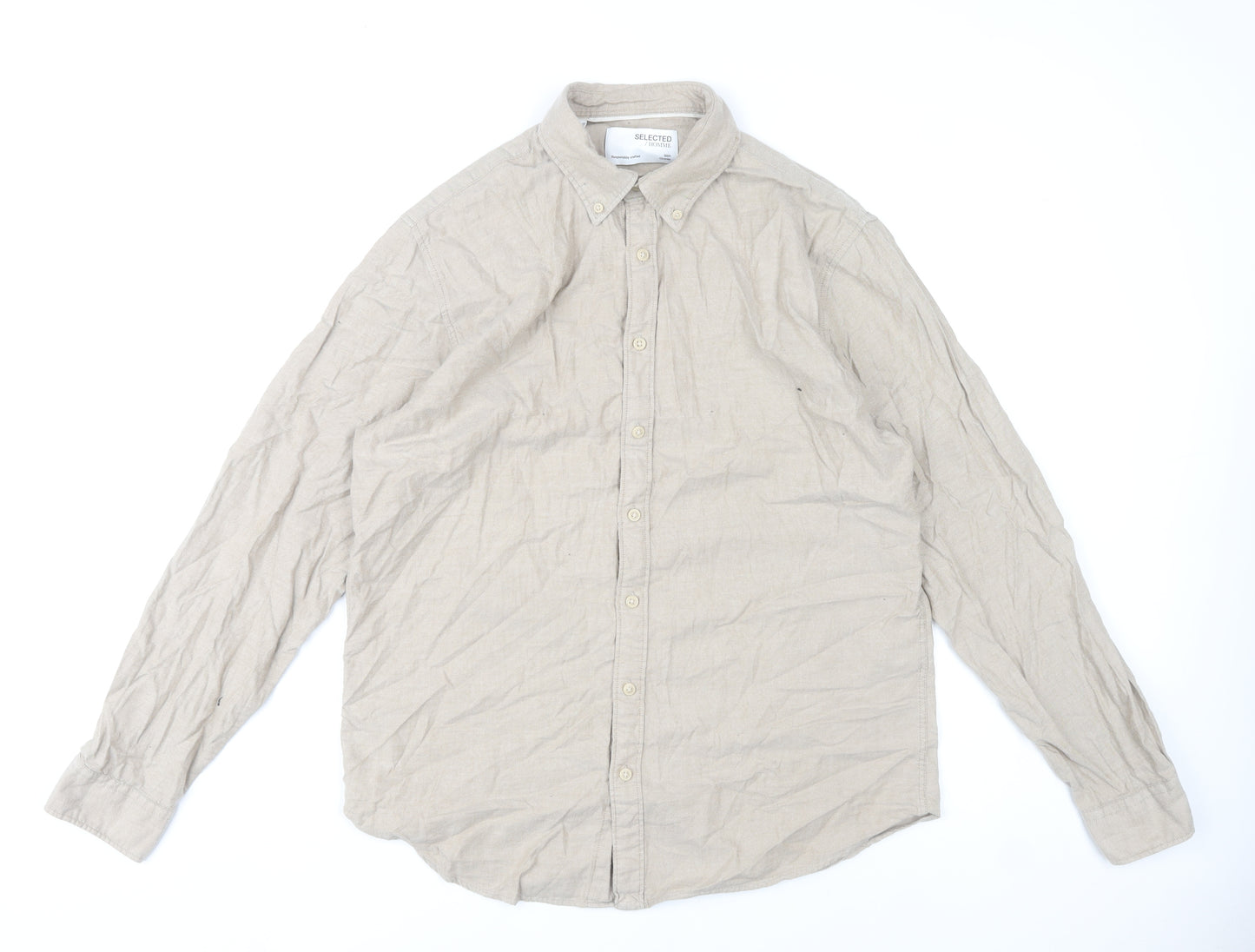 Selected Homme Mens Beige Slim Fit Linen Style Shirt XL 44 Long Sleeve
