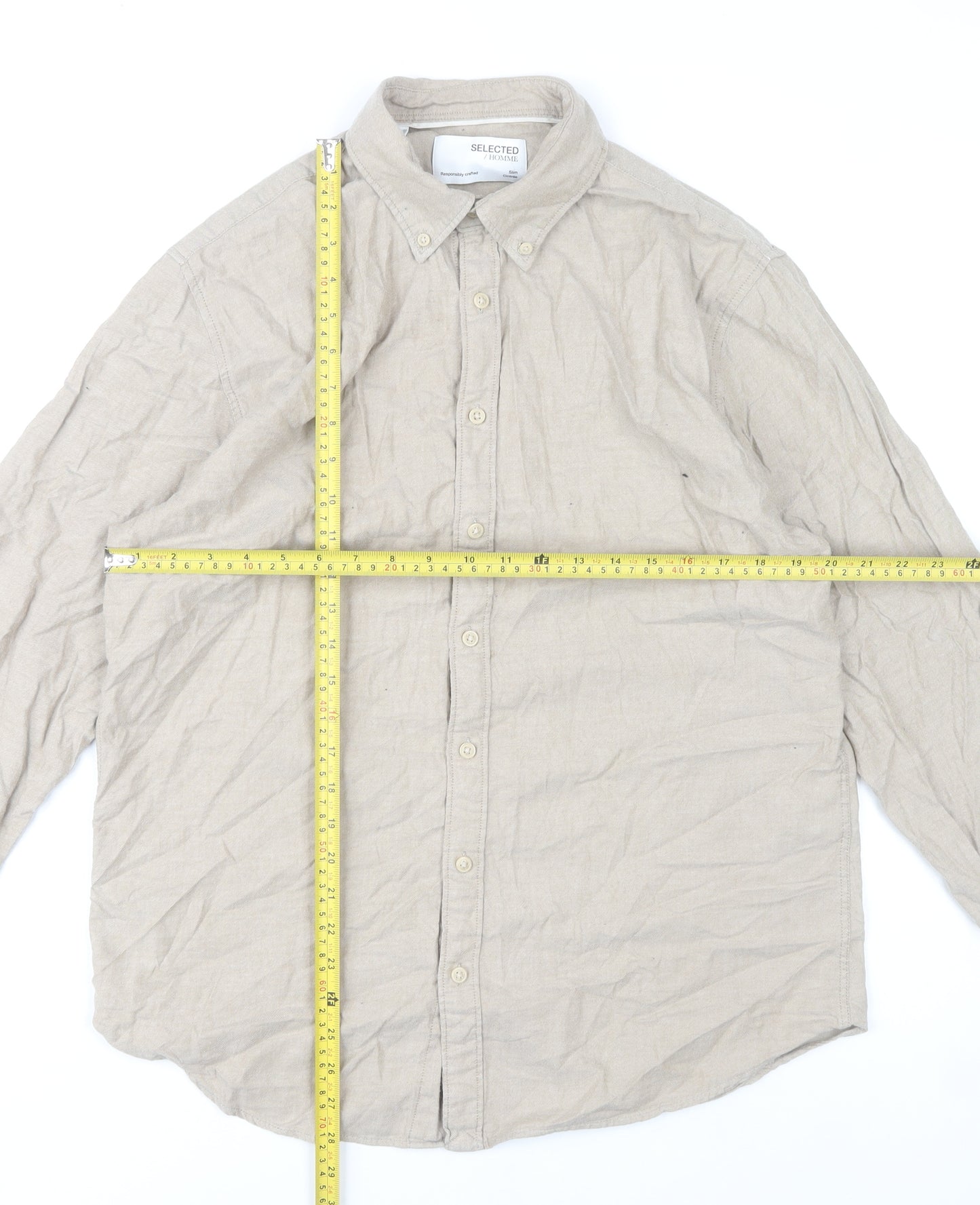 Selected Homme Mens Beige Slim Fit Linen Style Shirt XL 44 Long Sleeve