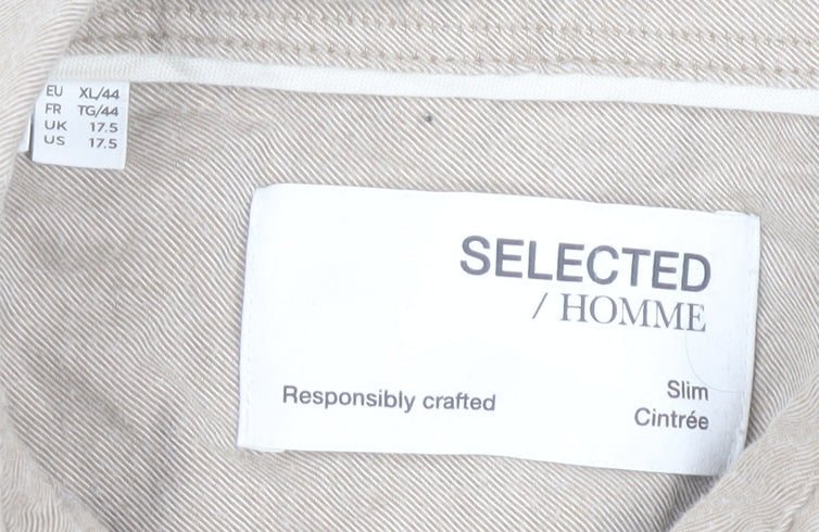 Selected Homme Mens Beige Slim Fit Linen Style Shirt XL 44 Long Sleeve