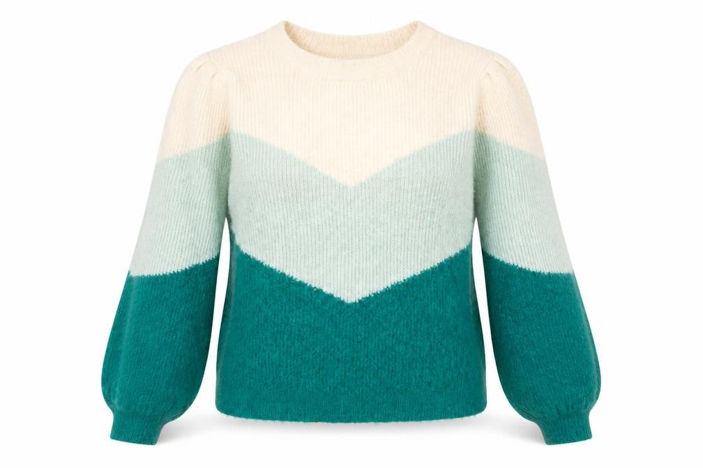 Front view of Vero Moda women’s l beige green colour block knit jumper
