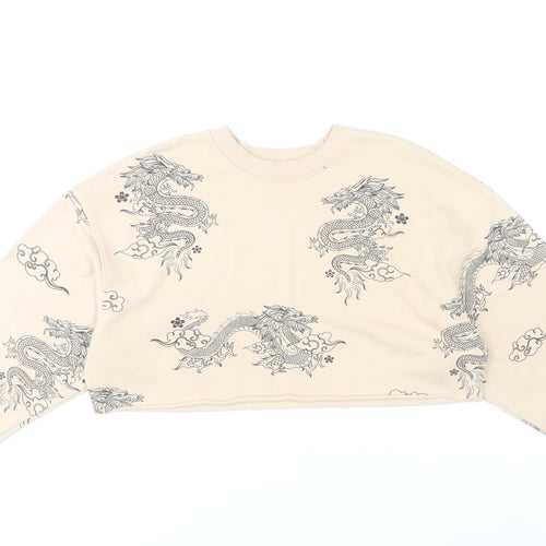 Bershka Women’s Beige Dragon Print Sweatshirt XS Pullover Crew Neck