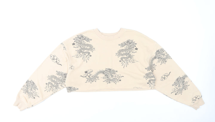 Bershka Women’s Beige Dragon Print Sweatshirt XS Pullover Crew Neck