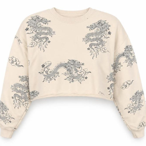 Bershka Women’s Beige Dragon Print Sweatshirt XS Pullover Crew Neck