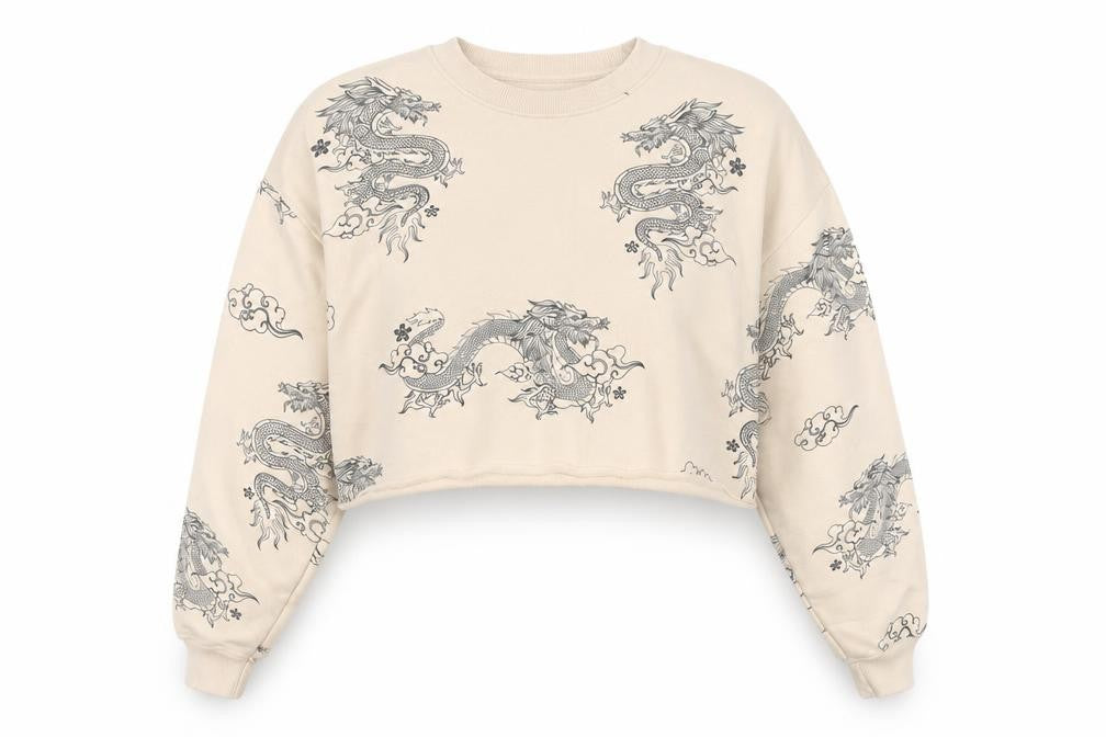Bershka Women’s Beige Dragon Print Sweatshirt XS Pullover Crew Neck