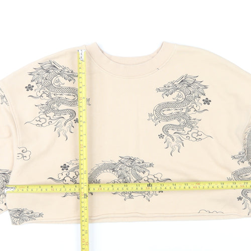 Bershka Women’s Beige Dragon Print Sweatshirt XS Pullover Crew Neck