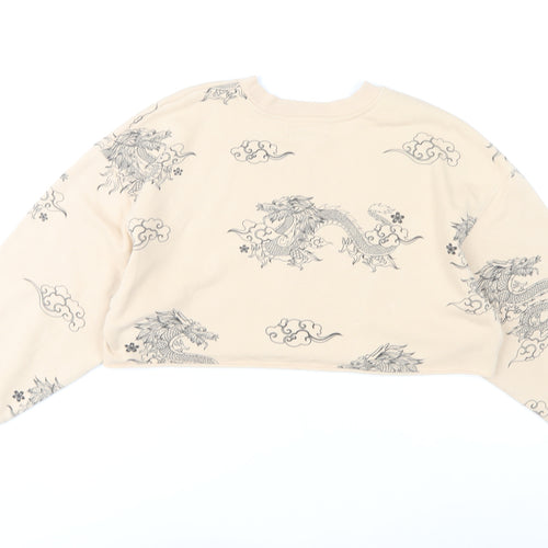 Bershka Women’s Beige Dragon Print Sweatshirt XS Pullover Crew Neck