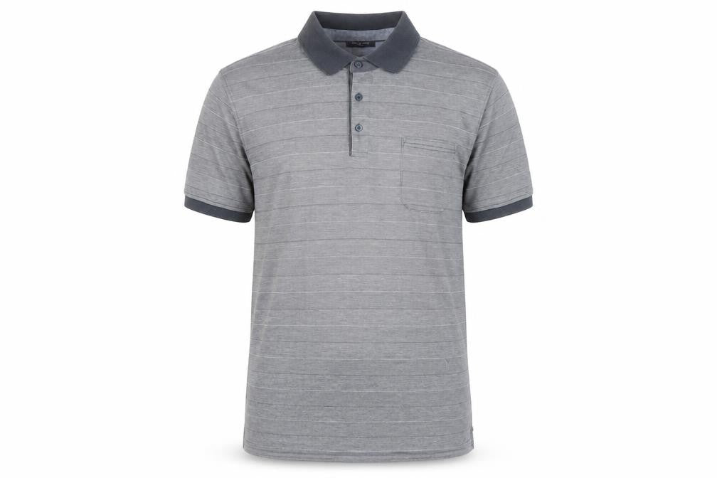 Front view of Pre End Men’s Grey Striped Polo Shirt, size L, Cotton Blend