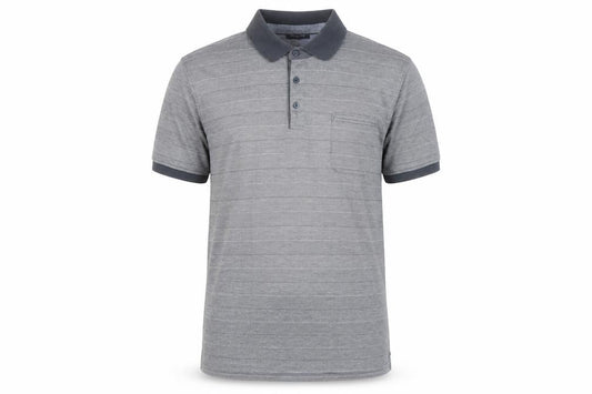 Front view of Pre End Men’s Grey Striped Polo Shirt, size L, Cotton Blend