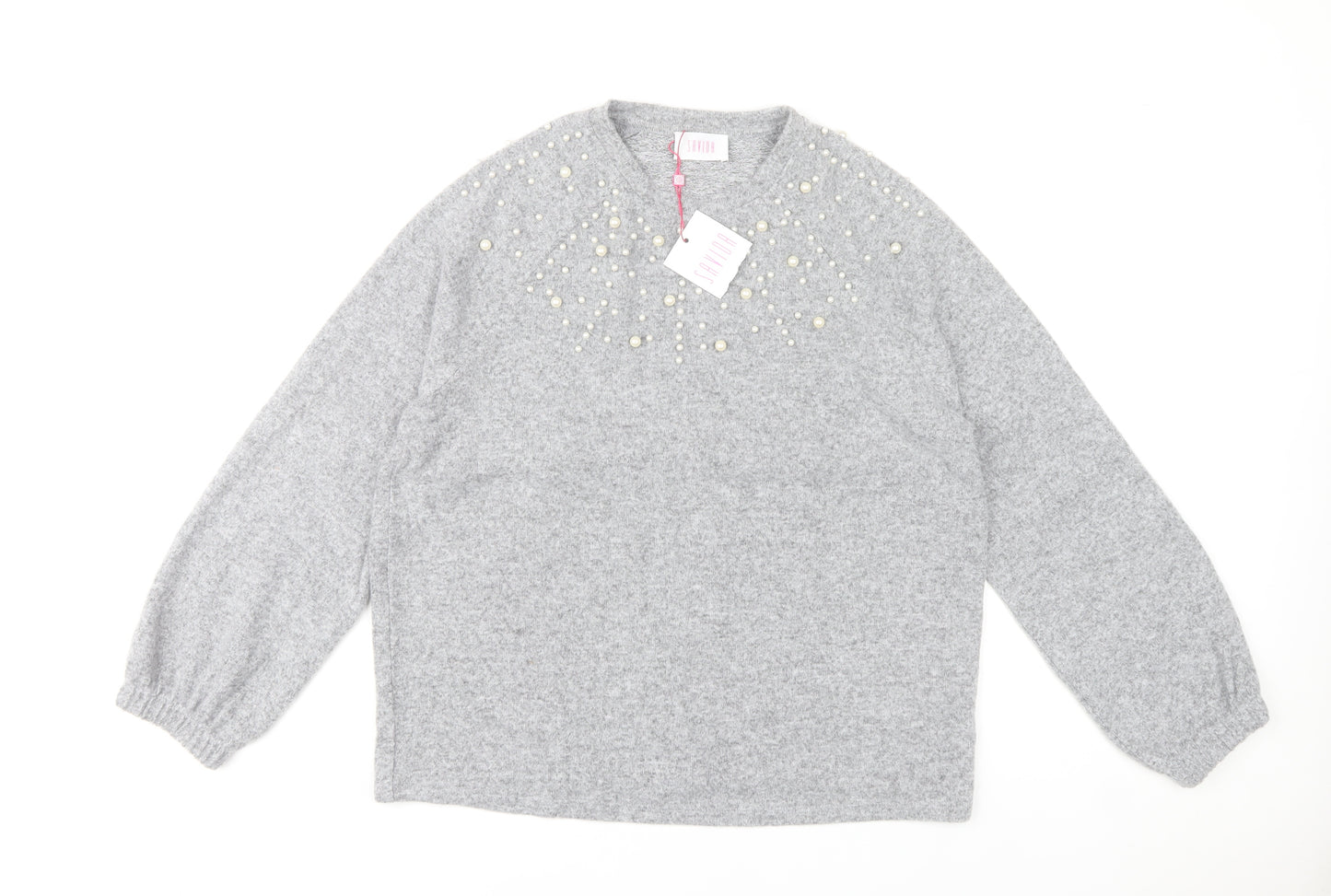 Savida Women’s Grey Beaded Pullover Jumper Size 14 Regular Knit