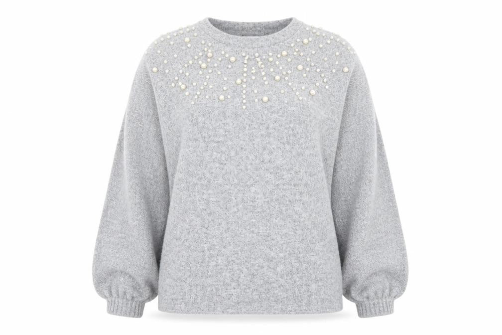 Front view of Savida Women’s Grey Beaded jumper, size UK 14, Regular Knit