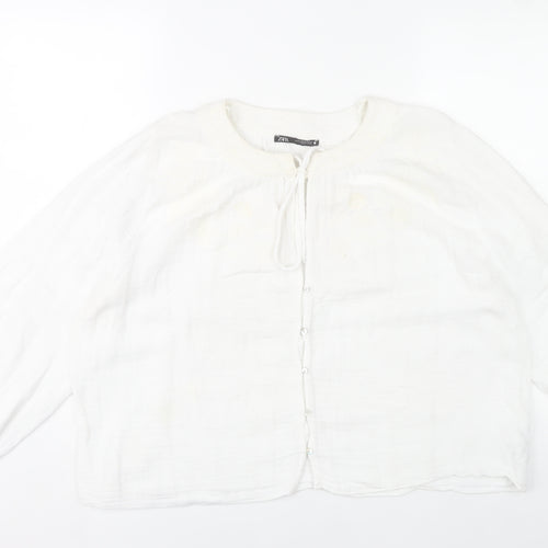 Zara Women White Cotton Tunic Blouse Size 16 Long Sleeve Boho Style