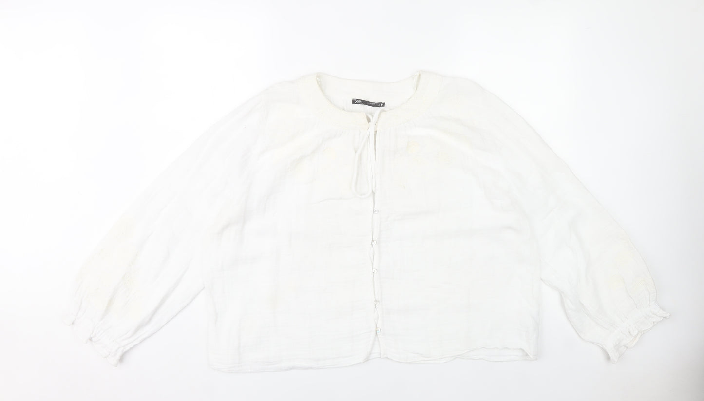 Zara Women White Cotton Tunic Blouse Size 16 Long Sleeve Boho Style