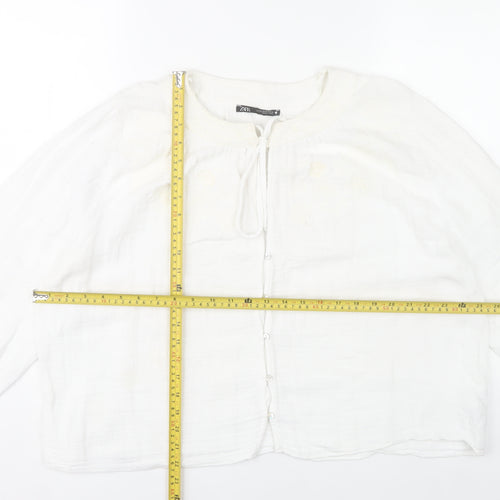 Zara Women White Cotton Tunic Blouse Size 16 Long Sleeve Boho Style