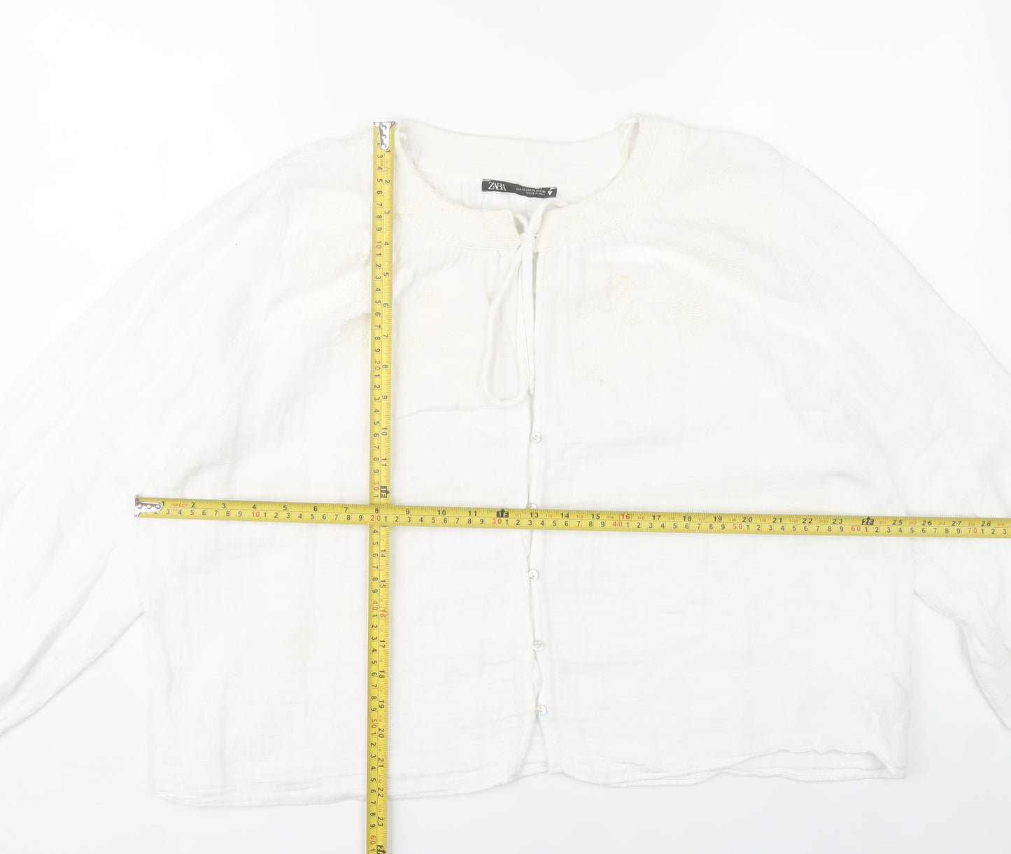 Zara Women White Cotton Tunic Blouse Size 16 Long Sleeve Boho Style
