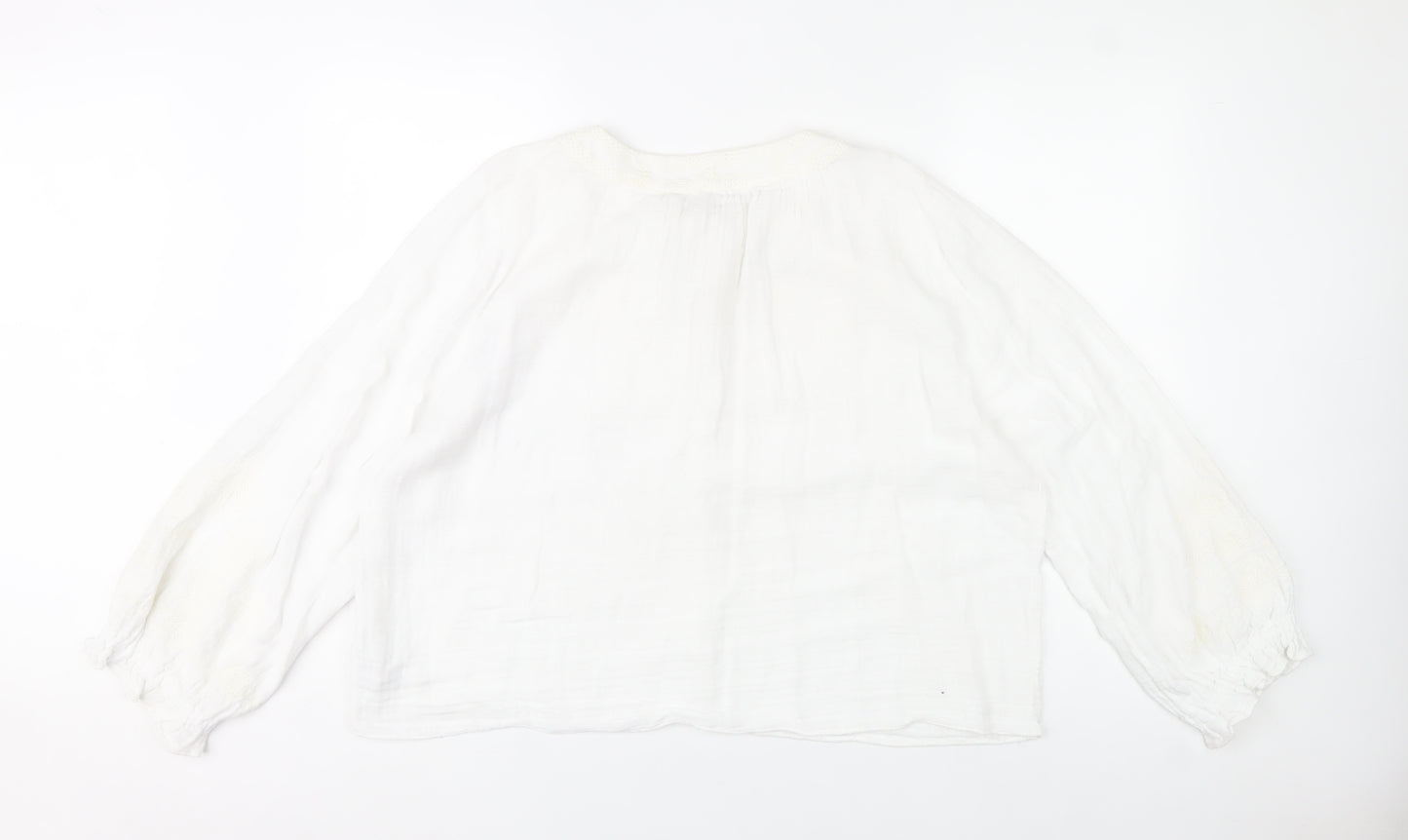 Zara Women White Cotton Tunic Blouse Size 16 Long Sleeve Boho Style