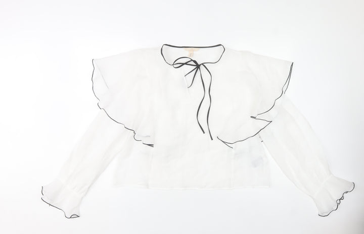 H&M Women’s White Ruffle Sheer Blouse Size M Tunic Casual Party
