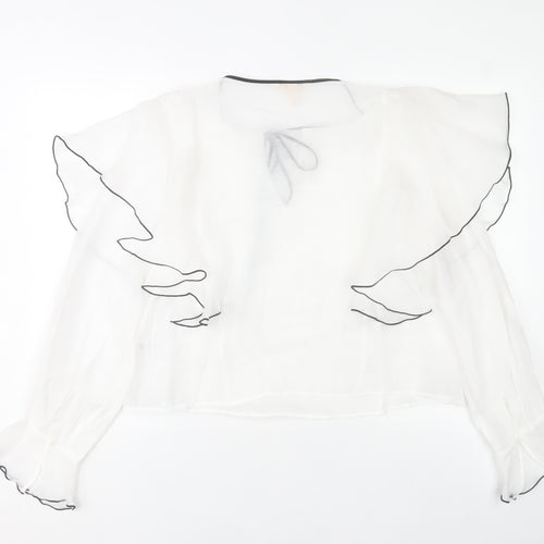 H&M Women’s White Ruffle Sheer Blouse Size M Tunic Casual Party