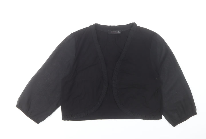 Savida Women Black Cropped Blouse L Ruffle Open Front 3/4 Sleeve