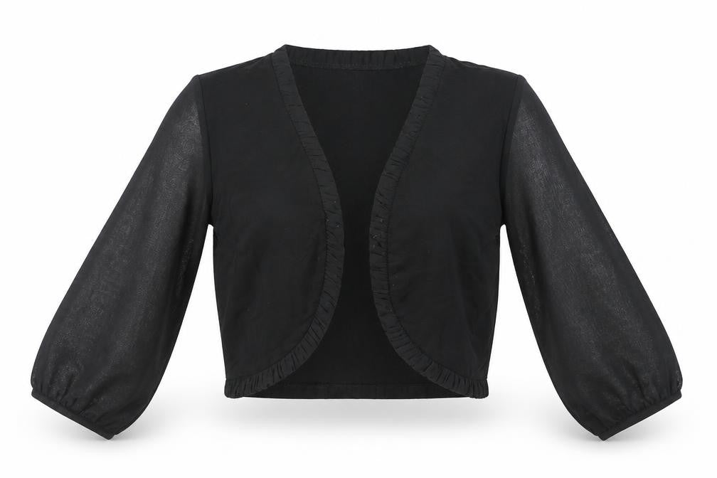 Front view of Savida Women Black Cropped Blouse L Ruffle Open Front 3/4 Sleeve