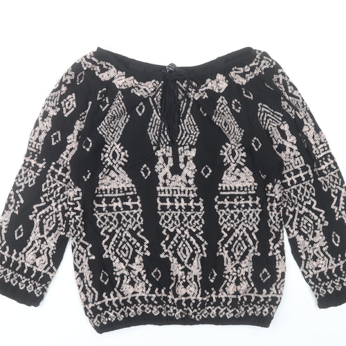 Joanna Hope Womens Black Sequin Beaded Blouse Size 10 Bohemian 3/4 Sleeve