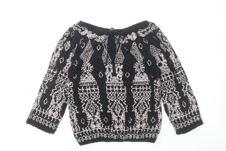 Joanna Hope Womens Black Sequin Beaded Blouse Size 10 Bohemian 3/4 Sleeve