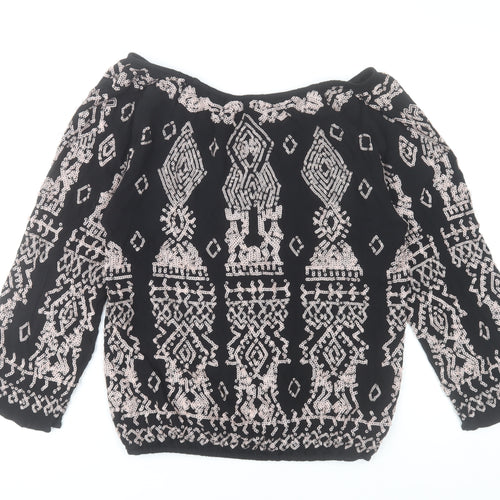 Joanna Hope Womens Black Sequin Beaded Blouse Size 10 Bohemian 3/4 Sleeve