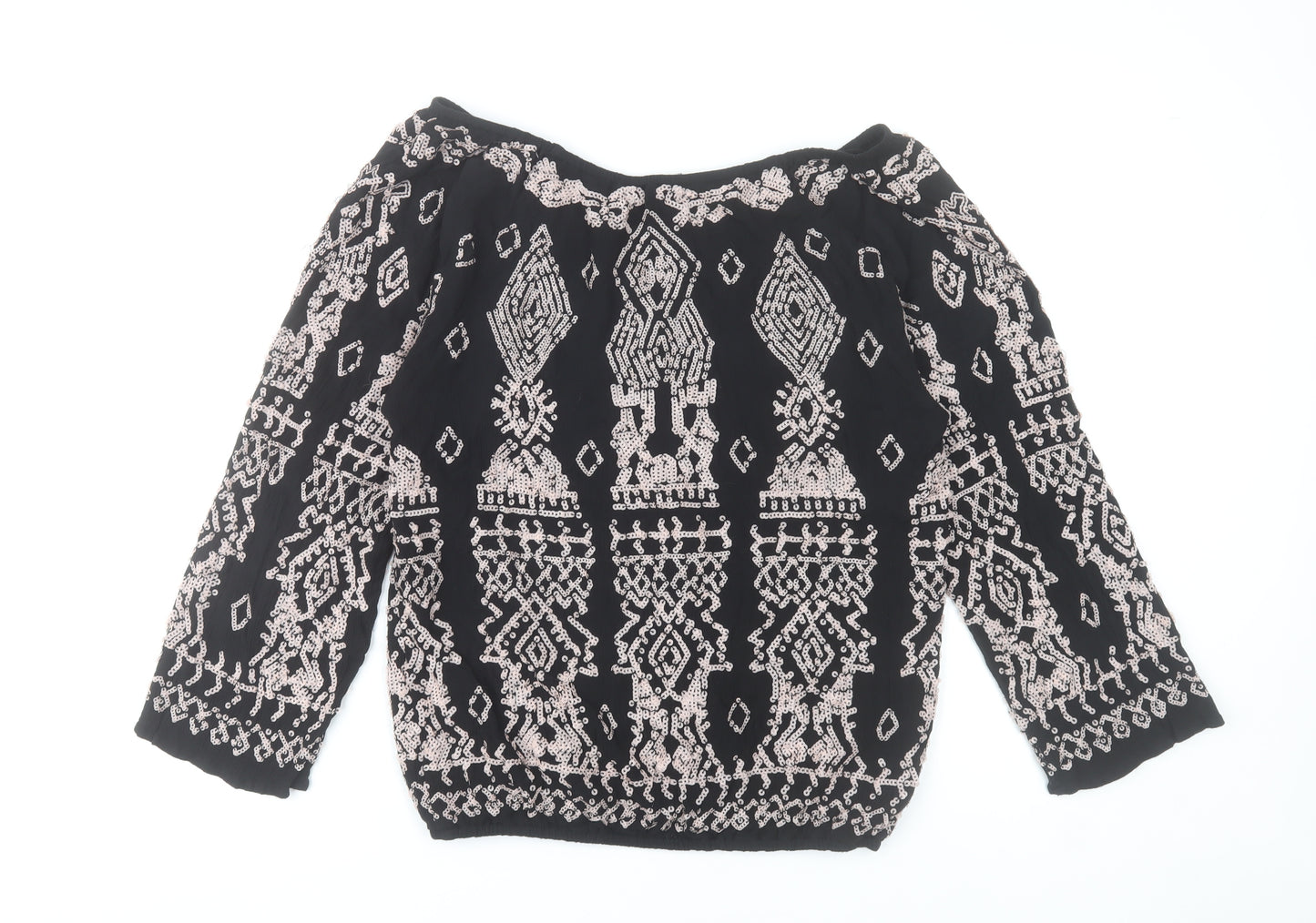 Joanna Hope Womens Black Sequin Beaded Blouse Size 10 Bohemian 3/4 Sleeve